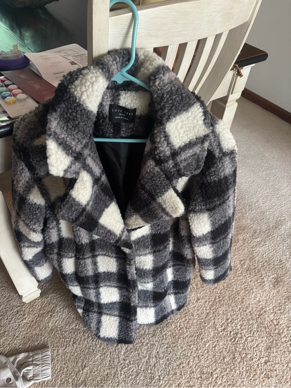 Love Tree Black & White Plaid Teddy Coat